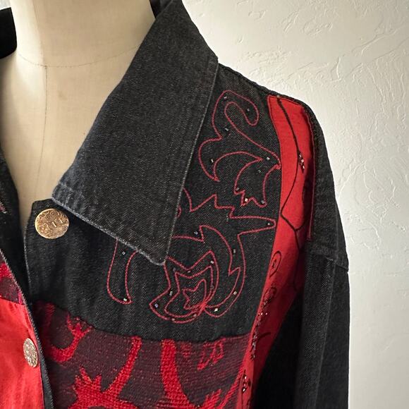 RACHEL BROOKE | Womens Denim Mixed Media Embroidered Button Shirt Jacket 2X Red - Picture 4 of 12